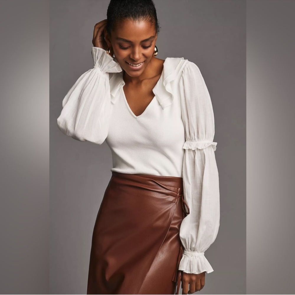 Anthropologie White Blouse with Ruffled Sleeves